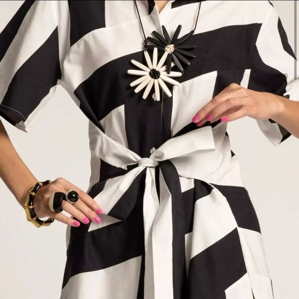 NWT $348 Frances Valentine Black/OysterStriped Amanda Dress - Picture 4 of 7